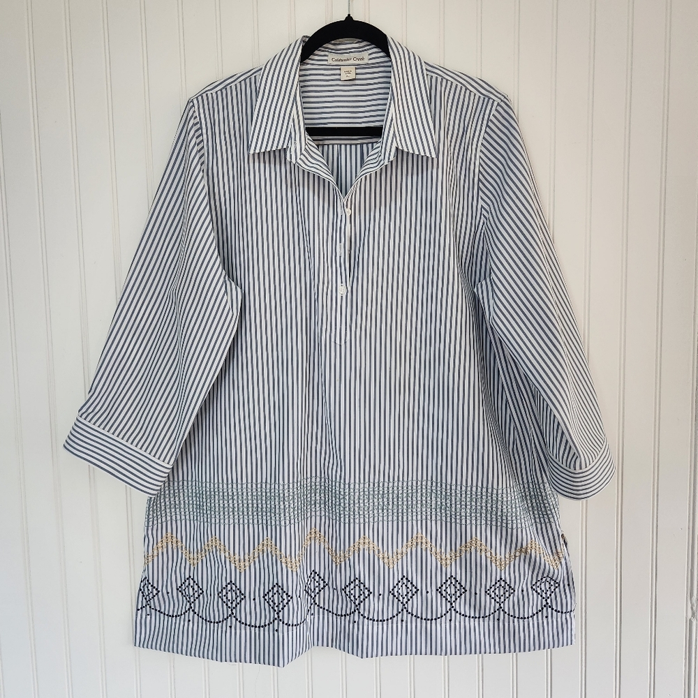 COLDWATER CREEK Blue Striped Tunic 100% Cotton Embroidered Pop Over Blouse XL